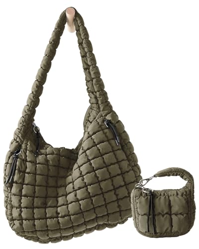 Image of Large Quilted Puffer Tote Bag for Women with Mini Pouch Puffy Crossbody Bags Purse Hobo Puff Shoulder Carryall Gym Travel