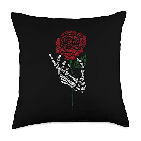 Memento Mori Shirt Store Skeleton Hand Holding Rose, Traditional Tattoos Throw Pillow, 18x18, Multicolor Cover