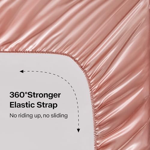 BEDELITE Satin Fitted Sheet and Pillowcases Set, Luxury Soft Similar to Silk Bottom Bed Sheet with Elastic Corner Straps, Deep Pocket up to 15 Inch, 1 Fitted Sheet and 2 Pillowcases(Full, Rose Pink)