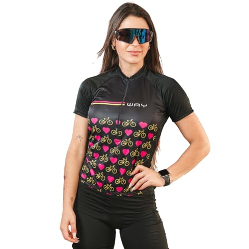 Camisa de Ciclismo Feminina Preta Estampa Coração Bicicleta Manga...