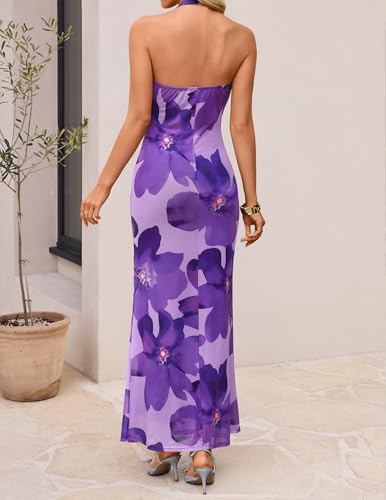Image of ZESICA Women's Summer Floral Halter Neck Sleeveless Maxi Dress