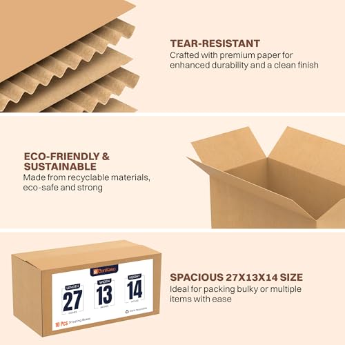 Image of BonKaso 5 Ply Corrugated Boxes for Packaging | 27 inchx13 inchx14 inch (Pack of 10) | Brown Cardboard Packing Boxes for Shipping, Moving & Storage | Large Carton Boxes for Courier & Goods Transportation