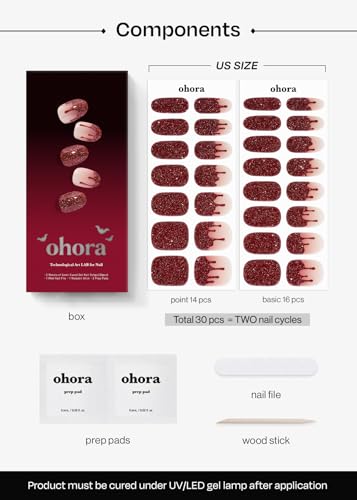 Image of ohora Semi Cured Gel Nail Strips (N Candy Blood) - Works with Any Lamps, Salon-Quality, Long Lasting, Easy to Apply & Remove - Includes 2 Prep Pads, Nail File & Wooden Stick