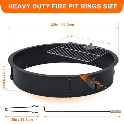 32 Inch Fire Pit Ring for Outside, Heavy Duty Metal Steel Round Firepit Rim Insert for DIY Fire Pits, Outdoor Above or In-Ground, Camping Garden Patio Backyard