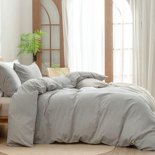 Image of BESTOUCH Cotton Solid Duvet Cover Set Linen Feel Light Grey Oversized Full | Washed Cotton, Linen Feel, Soft Wrinkle Texture, Hidden Zipper, 8 Ties, Breathable Lightweight Durable Comfy, 3Pcs No Insert