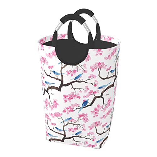 桜の花と青い鳥 ランドリーバスケット ランドリーかご 洗濯ボックス 収納ボックス 収納バッグ 袋 おしゃれなインテリア雑貨 防水取っ手付き 折りたたみ 大容量 幅32×高さ58(cm)