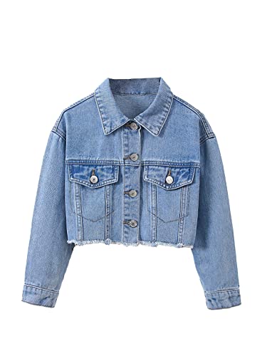 Verdusa Girl's Raw Hem Crop Denim Jacket Long Sleeve Shacket Single Breasted Spring Fall Outerwear