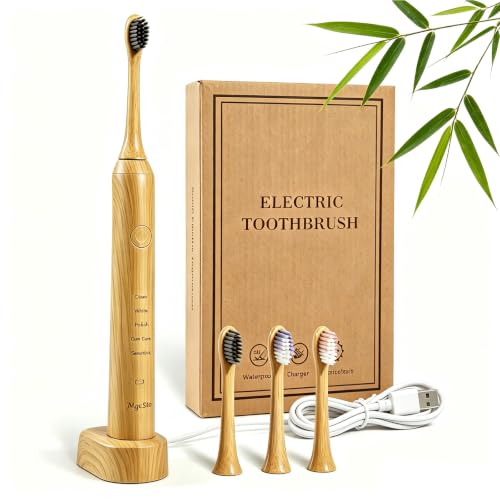 MgcSto Sonic Bamboo Electric Toothbrush for Adults - Rechargeable Electric Toothbrush -4 Pack Bamboo Repalcement Brush Heads| 5 Cleaning Modes Long-Lasting Battery