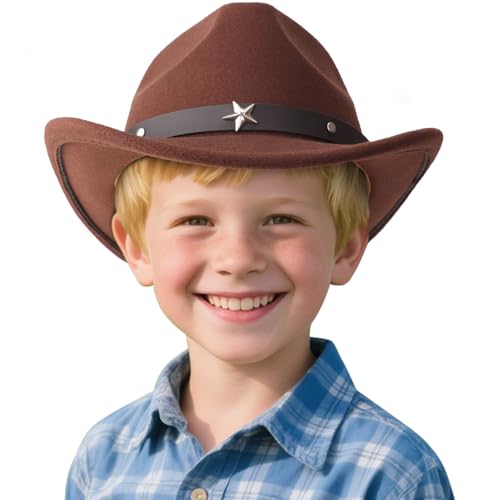 BQUBO Kids Western Hats Boys Girls Wide Brim Cowboy Hat Classic Felt Fedora Hats with Wind Lanyard for 3-8Y