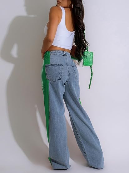 Women's High Waisted Two Tone Jeans Block Floor Length Wide Leg Denim Pants Patchwork Stripes Jeans Trousers4