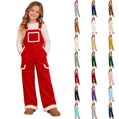 Girls Christmas Corduroy Overalls Fuzzy Trim Wide Leg Xmas Holiday Jumpsuit - image 1