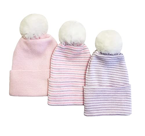 Nurses Choice Newborn Baby Boy & Girl 3 Piece Knit Hat Set with Pom Pom