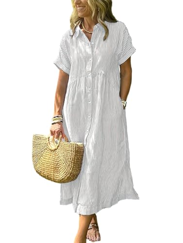 ebossy Women's Boho Striped Shirt Dress Button Up Side...