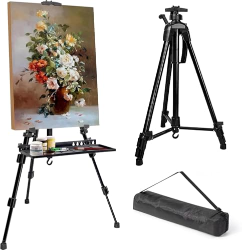 Painting Easel Stand 55-155cm Adjustable Aluminum Alloy Folding Tripod Easel with Portable Carry Bag Tabletop and Floor Art Sketching Drawing Holder for Artists Painters Students(Black NO Brush Rest)