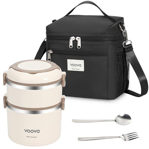 Voova Stackable Stainless Steel Thermal Lunch Box with Lunch Bag and Cultery Set for Adult Women Men, 2 Tier Leakproof & Microwave Safe Insulated Bento Boxes Food Container for Work，Black
