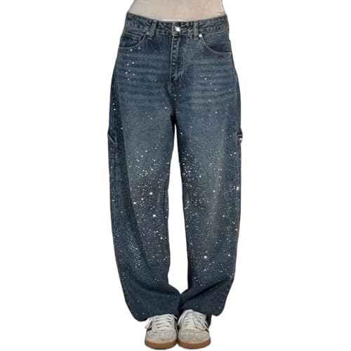 PNZLZIA Lässige Haremsjeans mit Strasssteinen für Damen, hoch...