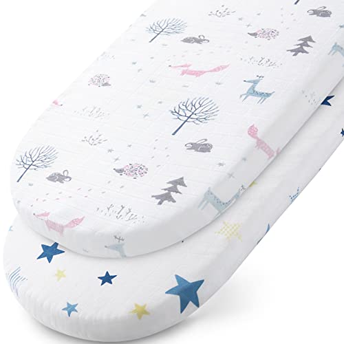 Image of Muslin Bassinet Sheets Fit for Halo, Dream on Me, Fisher Price, Delta, Graco and Other Oval Bassinet Mattress - Ultra Soft and Breathable - Star and Fox - 2 Pack