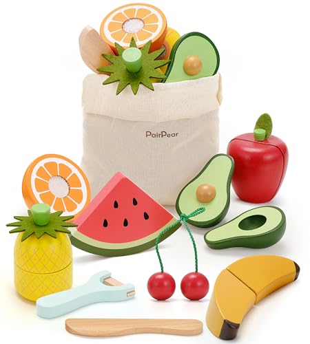PairPear Wooden Toys Play Food Sets for Kids Kitchen, Kids Toy Food Cutting Fruit Set for Toddlers 3+ Years Old, Pretend Food Play Kitchen Accessories for Girls and Boys