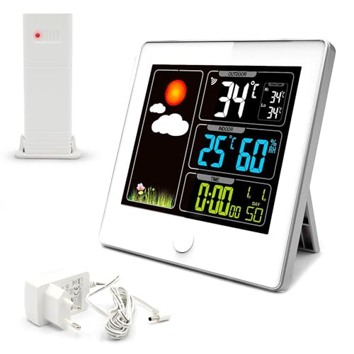 FISHTEC - Station météo radio pilotée écran LCD 3 couleurs - Température extérieure blanche...