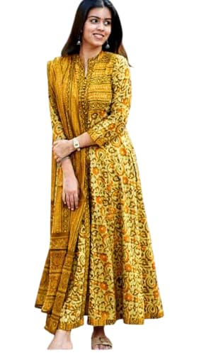 Image of Women's Cotton Trending Anarkali Printed Kurta with Pants and Dupatta Set | Ethnic Set (Blue)