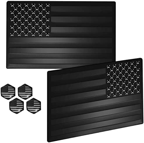 GilsAuto All Black 3D American Flag Sticker Decal (1 Pair), Matte Black 5" x 3" for Trucks Cars Motorcycles Black Metal USA Flag Emblem Car Truck Decals - & 4 Pack American Flag Valve Stem Caps For Cars Trucks Universal