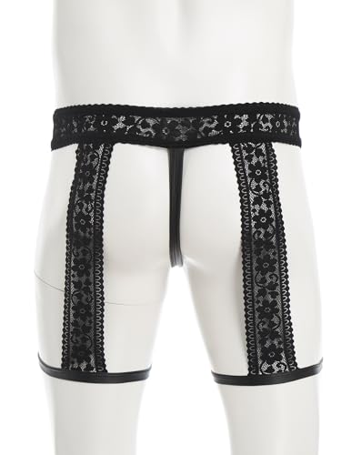 Thongs for Mens PU Leather Sissy Panties Lace Garter G-String Thong Bulge Enhancing Underwear4