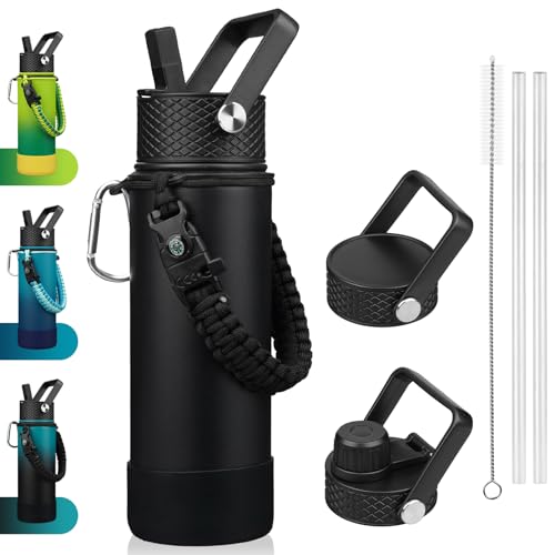Image of BJPKPK 22oz Insulated Water Bottle with 3 Lids, Straw Lid & Handle