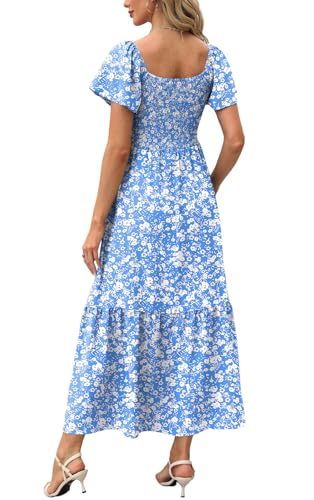 Image of OFEEFAN Summer Dresses for Women Square Neck Ruffle Sleeve Smocked Maxi Dress with Pockets