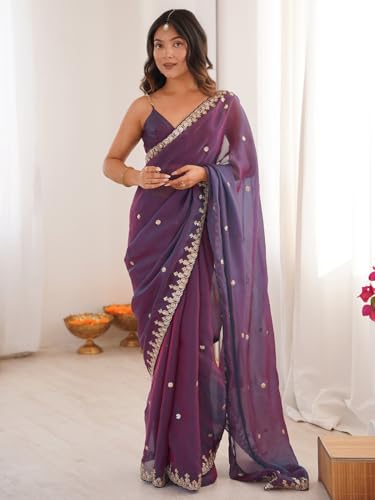 Image of AKHILAM Women's Shimmer Chiffon Sequence Embroidery Saree With Unstitched Blouse Piece(AARYAN21601 KR Parent)