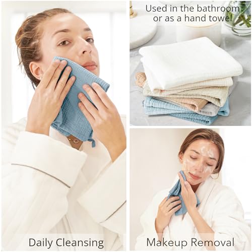 Image of Konssy 7 Pack Face Cloths, 100% Muslin Cotton Wash Cloth for Washing Face | 11 inch x 11 inch Facial Washcloths for Women, Soft & Reusable, for Sensitive Skin, Makeup Remover Cloths for Daily Cleansing(Blue)