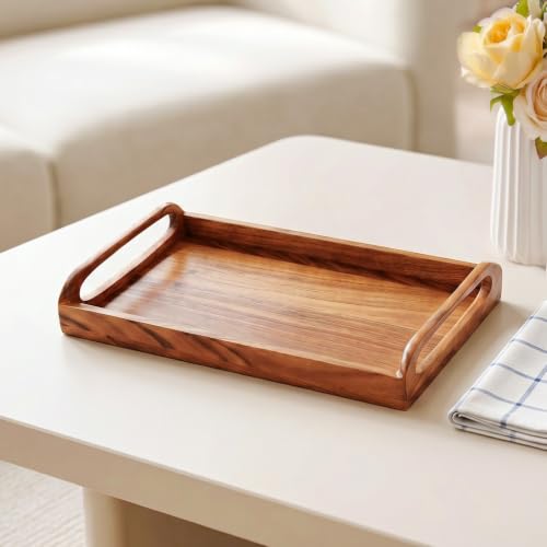 Image of Nestasia Wooden Serving Tray with Handles (36x22cm) - Acacia Wood Rectangular Brown Tray for Dining & Coffee Table | Platter for Serving Tea, Cakes, Snacks, Breakfast & Home Decor (Amber Brown)