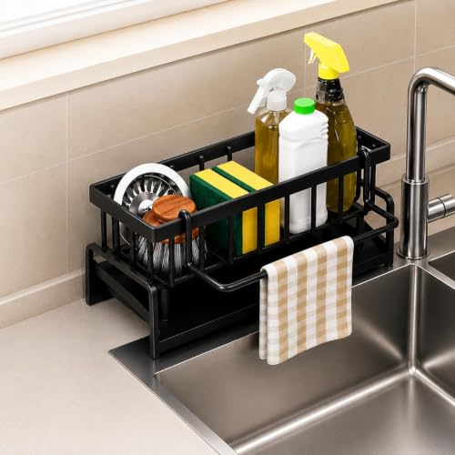 Image of Kitchen Sink Organiser with Drain Tray, Countertop Storage Rack for Dish Soap Sponge Scrubber, Metal Wire Design, Black