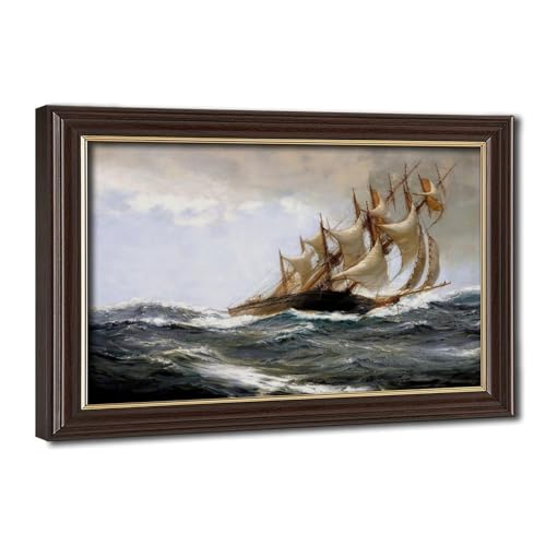 Poster Blowing Hard Montague Dawson impression sur toile 20x30 cm cadre suspendu