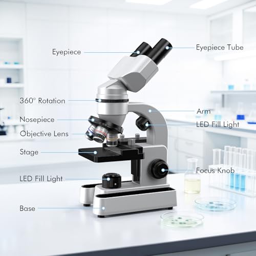 Binokular Mikroskop für Erwachsene, 40X-1600X Vergrößerung mit dualer LED-Beleuchtung, Biologisches Bildungsmikroskop mit Vollständigem Starter Kit mit 25+ Zubehörteilen