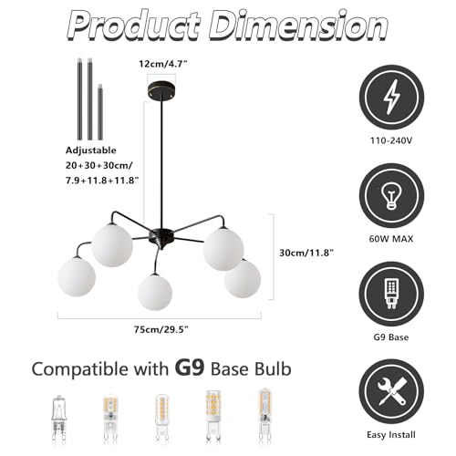 Image of 5 Light Mid Century Sputnik Chandelier with White Frosted Globe Glass Shade Pendant Lighting Fixture Living Room Large Pendant Lamp for Bedroom Kitchen Island