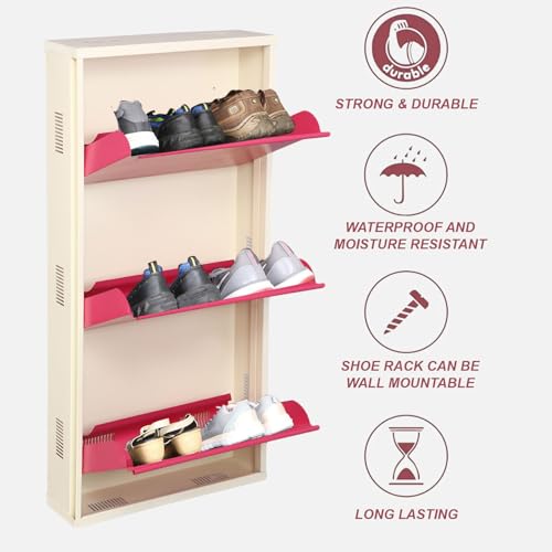 Image of Metal Shoe Rack Wall Mounted for Home with Central Locking 3 Door 20 inch Wall Mounted Metal 6 Pair Shoe Rack Cabinet Pre-Assembled Rack Shelves 3 Year Warranty (Pink & Ivory)