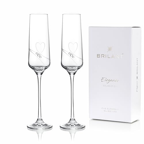 Brilant Essence of Love Champagner Gläser - Modernes Sektgläser Set Elegante Bleifreie Champagnergläser mit Eingraviertem Herz und Hochwertigen Kristallakzenten EU Handgefertigt - 2er Set 190 ml