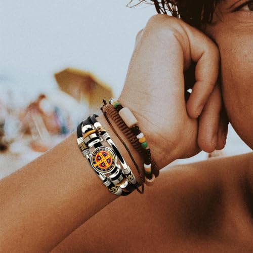 2Pcs Men's San Benito Bracelet Glow in The Dark Saint Benedict Cross Bracelet Multilayer Leather Braided Snap Buttons for Father Husband Couples Jewelry4