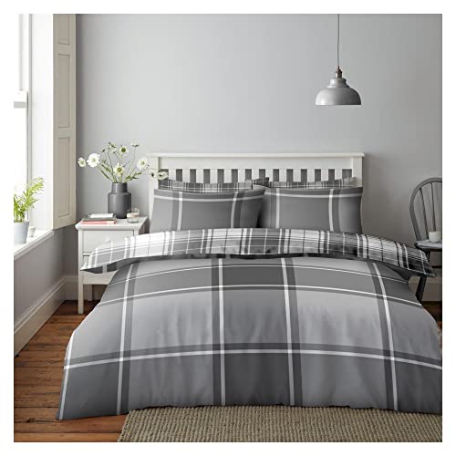 Lions Checked Bedding Set - Premium Striped Double Bed Duvet Cover with Pillowcase, Poly Cotton Reversible Quilt Covers, 3 Piece Soft Bed Set, Machine Washable, Button Closure, Grey