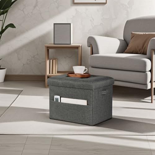 Image of Bsketa Storage Ottoman Bench,17 inch Folding Linen Foot Rest Stool,Dark Gray | Small Ottoman with Side Pockets, Thicker Foam Padded Seat, Livingroom, Dorm, Bedroom, Easy to install, 43L,17 x 13 x 13in