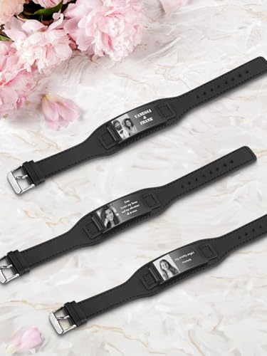 Custom Picture Leather Bracelet, Personalized Photo Name ID Identification Wristband Memorial Bracelet Gift for Men and Women3