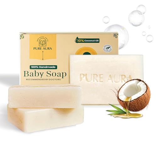 Image of Pure Aura Handmade Baby Soap Pack of 2 (100g Each) - Doctor Recommended Baby Soap with Coconut Oil, Shea Butter & Jojoba Oil | Chemical-Free Care for Sensitive Skin