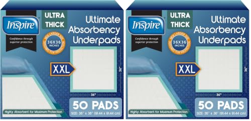 Image of Inspire Super Absorbent Disposable Bed Pads for Chronic Incontinence Ultra Thick and Absorbent Bed Pads Disposable Adult | Pee Pads for Adults (36 inch X 36 inch Pack of 100) XX Large