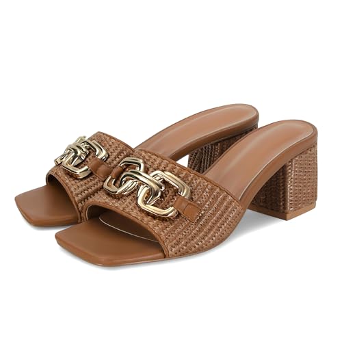 Image of SOVANYOU Women's Raffia Sandals Square Toe Slip on Mules Comfortable Dressy Sandals Chunky Block Heels for Beach Party Vacation Shoes