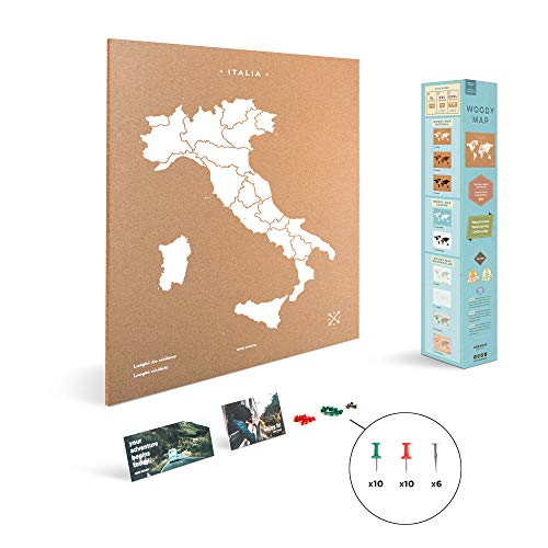Miss Wood Carte d'Italie imprimée avec sérigraphie sur liège Naturel, Blanc, XL (60 x 90 cm)