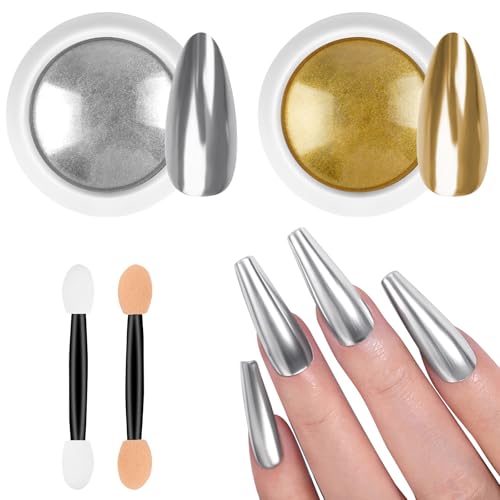 BUTBU 2 Cajas Efecto Espejo Uñas Polvo, Polvo de Uñas de Cromo, Efecto Espejo Uña-s Dorado, Pol-vo Uñ-as Efec-to Perlado, para Decoración de Uñ-as Manicura Nail Art(Oro + Plata）