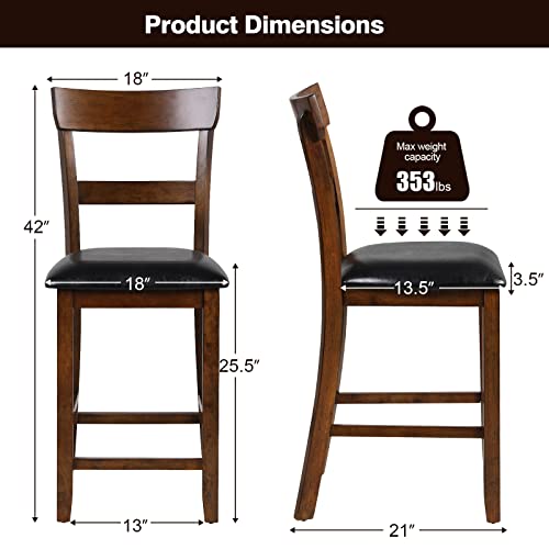 Nafort Upholstered Counter Height Bar Stools Set Of 4, Farmhouse 25.5” Solid Wood High Dining Chairs With Cusion, Counter Stools W/Back For Kitchen, Restaurant, Bar, Rubber Wood Legs & Black Leather #TOP2