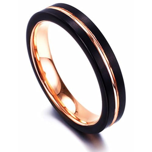 (4mm) Women's Black and Rose Gold Matte Finish Tungsten Carbide Wedding Ring Band. Grooved and Comfort Fit. One Year Warranty Included.