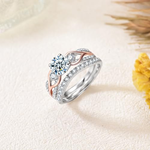 1-3/5 Carats Three Stone Moissanite Wedding Rings Sets, 18K Gold Platinum Plated Two Tone Engagement Ring Sets 925 Sterling Silver Stackable Bridal Ring Sets for Her Women Gift for Anniversary Wedding3