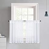 NICETOWN Linen Like Sheer Curtains - White Half Window Tiers Linen Like Texture Semitransparent Sheer Tiers Valance for Kitchen/Cafe, 55 inches Wide x 36 inches Long, Sold by 2 Pieces